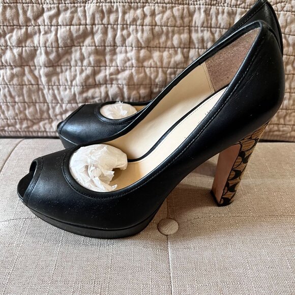 Coach Black Breana Leather Peep Toe Platform Pumps. Coach Logo Heels. Size 9 - Picture 2 of 16